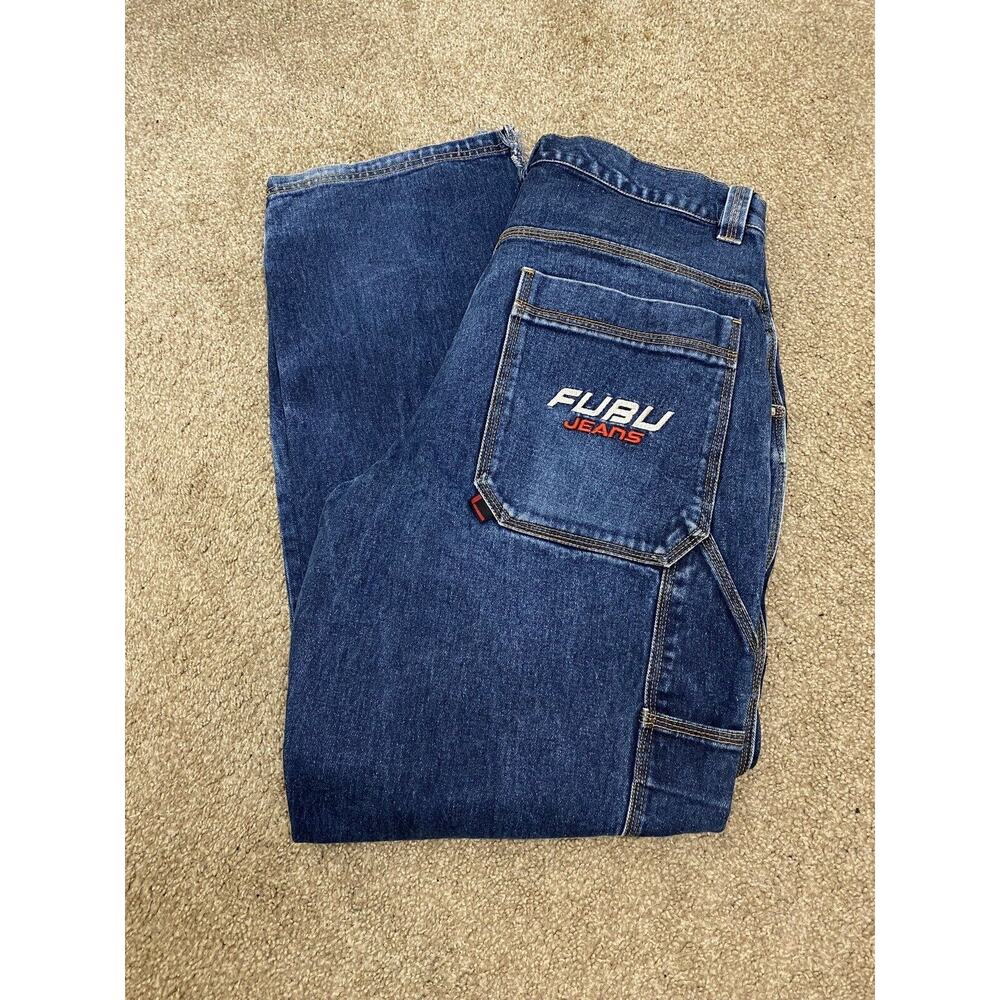 Vintage Y2K Fubu Carpenter Jeans Sz 36 X 33 Dark Wash JNCO Style Embroidered